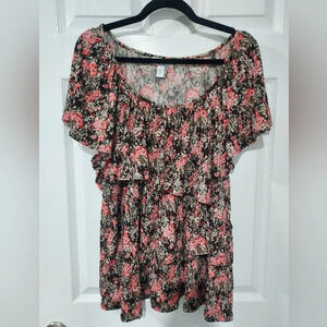Dressbarn Pink and Brown Floral Sparkly Layered Short Sleeve Blouse in Size 3X